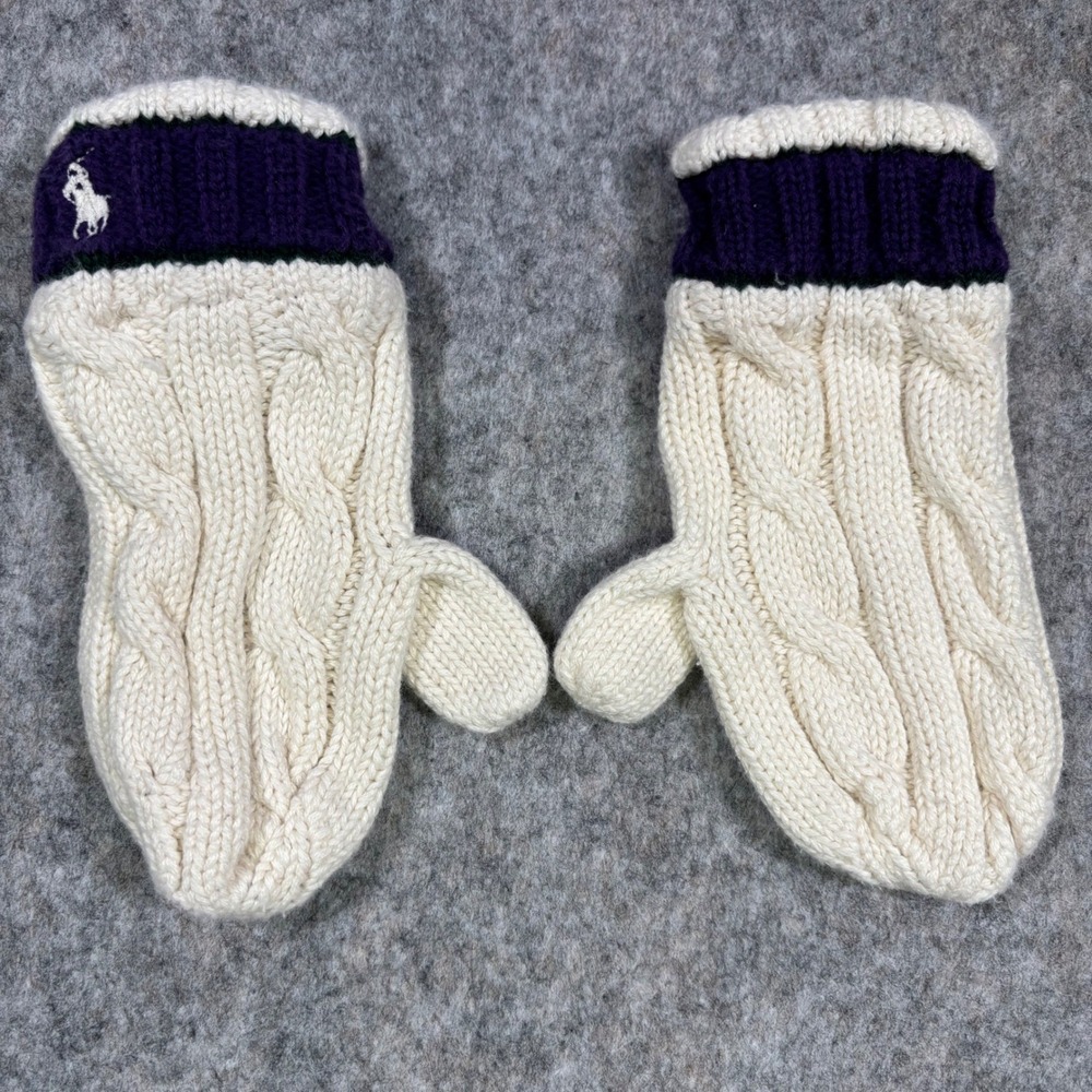 VTG Ralph Lauren Cable Knit‎ Mittens Gloves Cream Navy Logo Cotton Toddler Kids